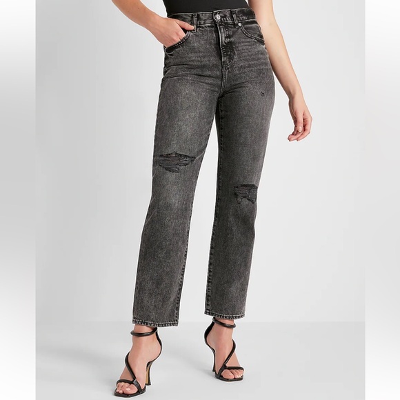 Express Black High Waisted Black Ripped Straight Ankle Jeans NEW size 8 long - Picture 1 of 4
